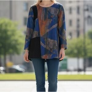 Tunic Top Women's Size Large Long Sleeve Black With Blue Sheer Layers